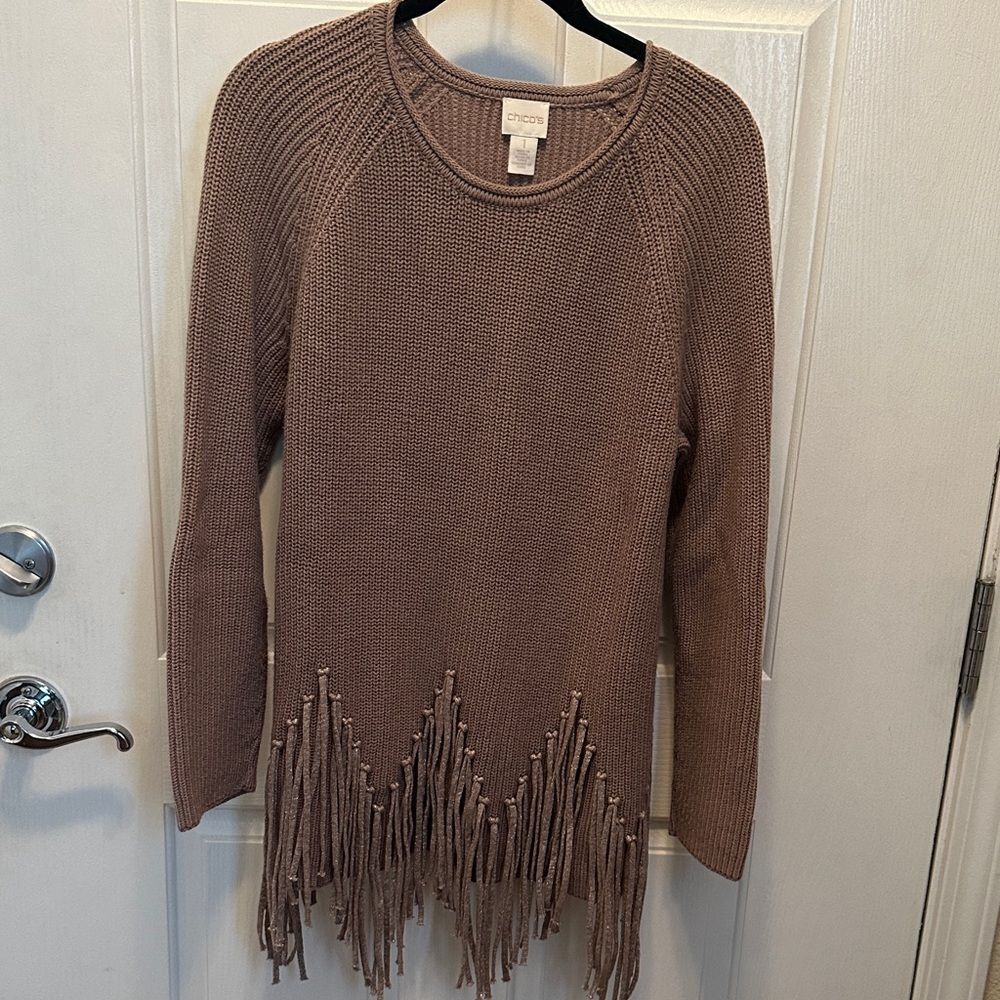 Chico's Tan Knit Sweater with Tassel Fringe Size 1 Chicos (8-10)